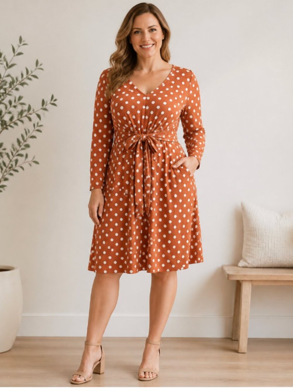 NWT 12 Large BloomChic Rust Polka Dot Tie Waist Pocket Dress